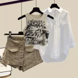 Летний комплект, жилет, рубашка, модные шорты, большой размер, в американском стиле, 3 предмета