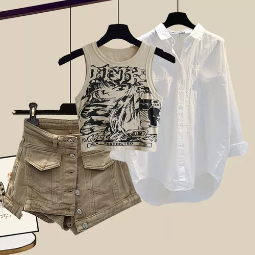 Летний комплект, жилет, рубашка, модные шорты, большой размер, в американском стиле, 3 предмета