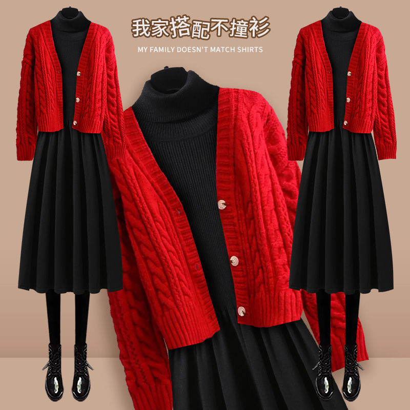 Plus-Size Autumn Outfit Set for Women 2025 New Style Fat mm Red Sweater Cardigan Knitted Dress Two-Piece Set