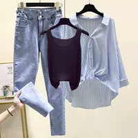 Черная синяя рубашка, джинсы, эффект подтяжки