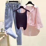 Весенний комплект, рубашка, модные джинсы, большой размер, подходит для полных девушек, эффект подтяжки, по фигуре, 3 предмета