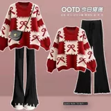 Весенний красный трикотажный свитер, штаны, комплект, большой размер, 2024 года