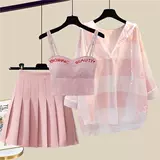 Весенний комплект, рубашка, юбка в складку, большой размер, защита от солнца, эффект подтяжки, плиссированная юбка, 3 предмета