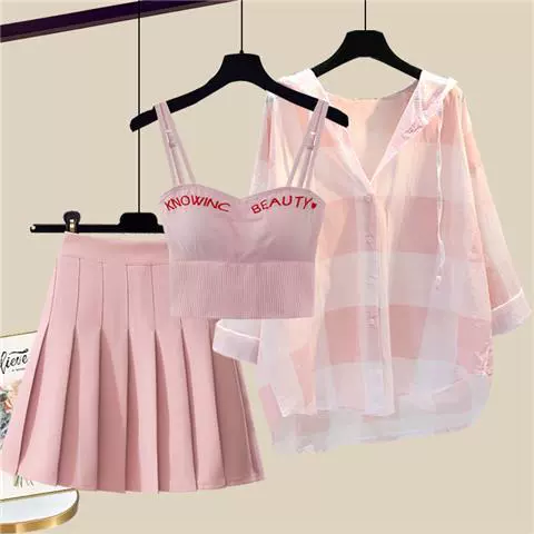 Весенний комплект, рубашка, юбка в складку, большой размер, защита от солнца, эффект подтяжки, плиссированная юбка, 3 предмета