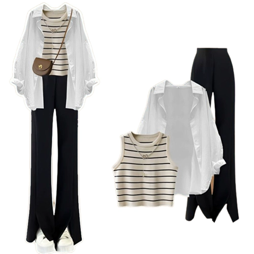 Комплект, модная рубашка, жилет, штаны, большой размер, осенний, подходит для полных девушек, по фигуре, 3 предмета