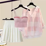 Весенний комплект, рубашка, юбка в складку, большой размер, защита от солнца, эффект подтяжки, плиссированная юбка, 3 предмета