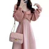 Светский костюм в соленом стиле, весна 2025, новинка большого размера, толстый мм, нежный стильный свитер, платье на подтяжках, модный комплект из двух предметов