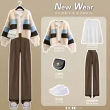 Комплект, трикотажный свитер, кардиган, штаны, осенний, большой размер, в западном стиле, 3 предмета