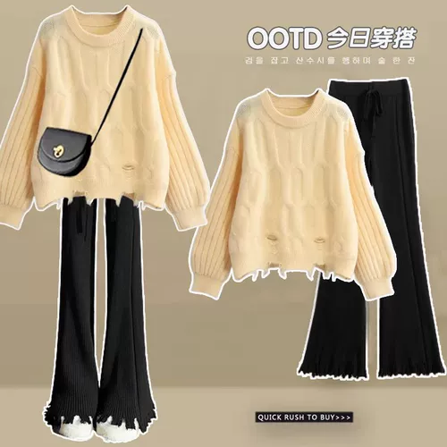 Осенний свитер, штаны, комплект, в западном стиле, большой размер, подходит для полных девушек, свободный крой