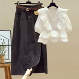 Летний комплект, джинсовая юбка, большой размер, 2024 года, свободный крой, V-образный вырез, короткий рукав