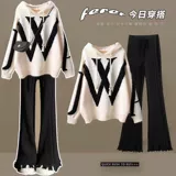 Осенний трикотажный свитер с капюшоном, штаны, комплект, большой размер, подходит для полных девушек