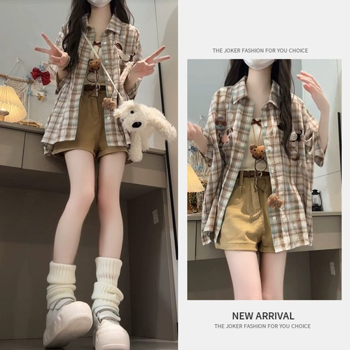 Летняя универсальная рубашка, шорты, комплект, в корейском стиле, эффект подтяжки, по фигуре, 3 предмета