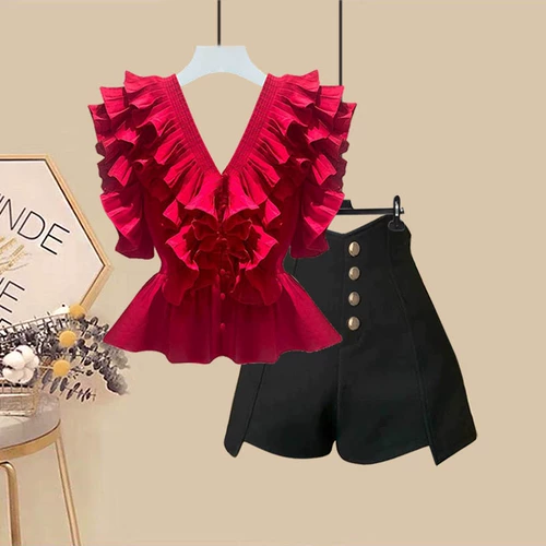 Летний комплект, большой размер, яркий броский стиль, V-образный вырез