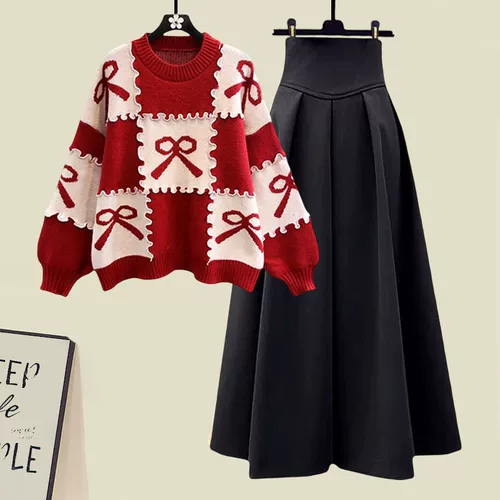 Зимний комплект, модный свитер, юбка, в корейском стиле
