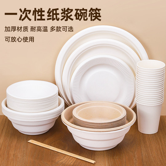 Einweg-Geschirrset aus biologisch abbaubarem Papierzellstoff für den Haushalt, Outdoor-Party, Picknick, Essteller, Papierschüssel, Teller für den gewerblichen Gebrauch