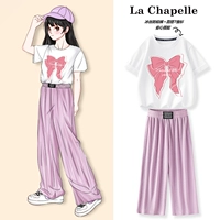 Сиреневые шелковые штаны с бантиком, хлопковая футболка, 100% хлопок