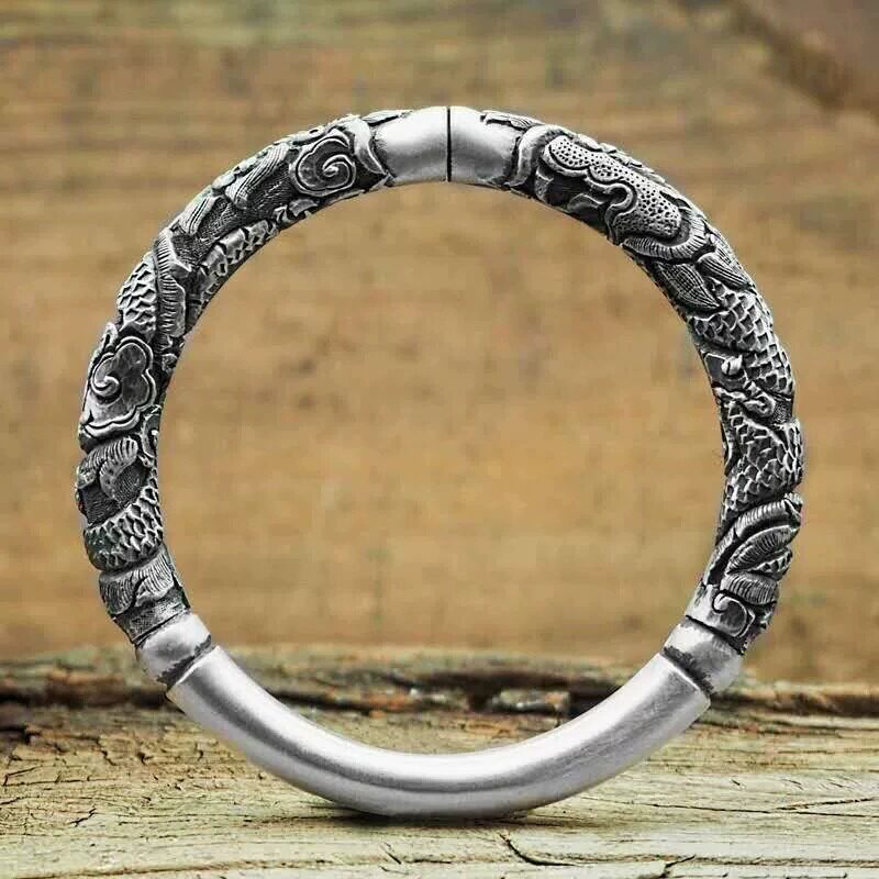 S999 Pure Silver Bracelet for Men, Vintage Silver Dragon Pattern Bracelet, Men's Bold Open Bracelet, Gift for Husband's Birthday S999 Pure Silver Bracelet for Men, Vintage Silver Dragon Pattern Bracelet, Men's Bold Open Bracelet, Gift for Husband's Birthday