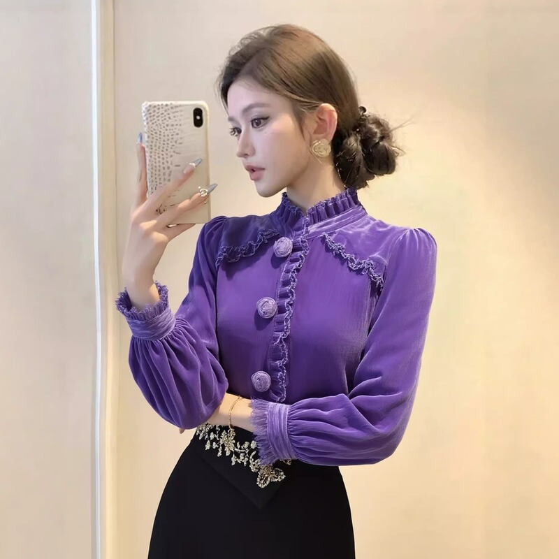 Autumn and Winter New High-End Purple Velvet Long-Sleeved Shirt 2025 New French Unique and Beautiful Ladylike Top for Women