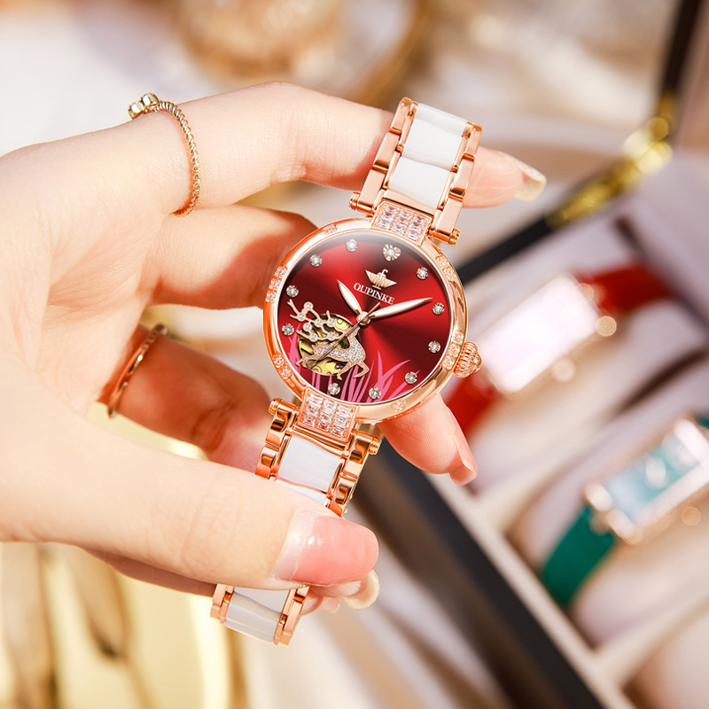 Swiss Genuine Rongyaoqin Watch for Women, Fully Automatic Mechanical Watch, Fashionable Luminous Waterproof Hollow-Out Korean Style Women's Watch
