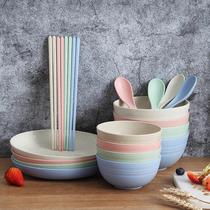 Wheat Straw Bowl Dish Home Suit Creative Chopsticks Spoon Cup Plate Rice Bowl Combined Anti-Fall Large Bowl Japan Style Cutlery