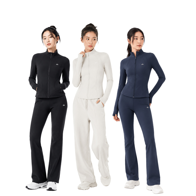 Alo A1O Stand-Up Collar Zipper Cardigan Jacket Two-Piece Set High-Waisted Drawstring Pants Sports Fitness Suit Casual Style Alo A1O Stand-Up Collar Zipper Cardigan Jacket Two-Piece Set High-Waisted Drawstring Pants Sports Fitness Suit Casual Style