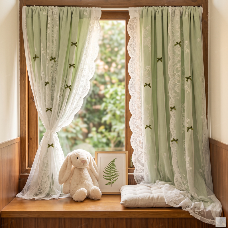 French-Style Fresh Green Lace Double-Layer No-Punch Installation Door Curtain, Bay Window Ambiance Kitchen Adhesive Curtain French-Style Fresh Green Lace Double-Layer No-Punch Installation Door Curtain, Bay Window Ambiance Kitchen Adhesive Curtain