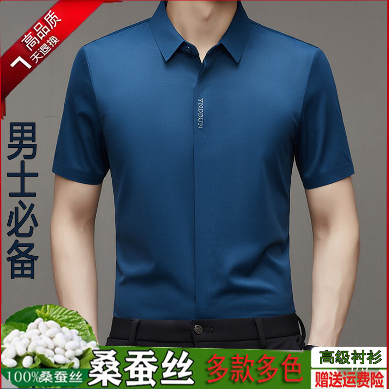 Ordos City Produces 100% Mulberry Silk Short-Sleeved Shirt Men's Business Work Pure Color Shirt High-End Summer Wear