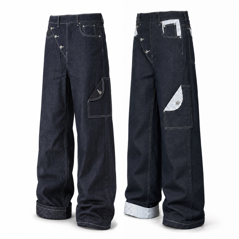 Vividmood 14 oz Kanglong Three-Dimensional Cut Polka Dot Diagonal Placket Unbleached Denim Jeans