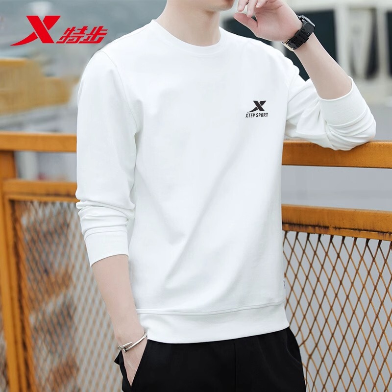 Xtep Men's Sweatshirt 2026 New Spring Round Neck White Pullover Loose Long-Sleeve Men's Sportswear Top