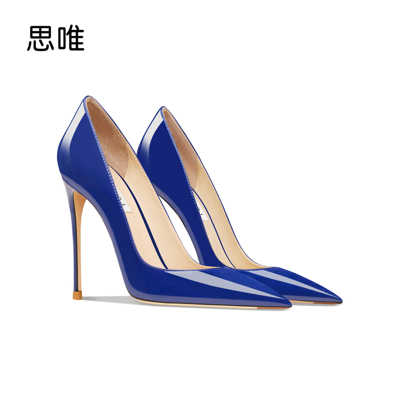 Siwei Genuine Leather Blue High Heels Women's Stiletto Shallow Pointed Toe 2026 New Sexy Commuter Patent Leather Single Heel Shoes