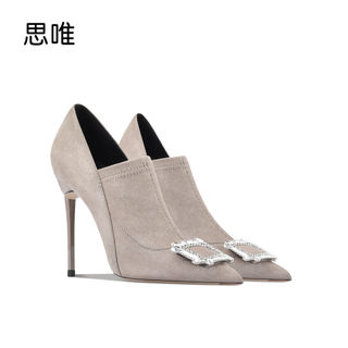 方扣尖头高跟短靴女2025年新款百搭水钻绒面细跟时装靴搭扣及踝靴