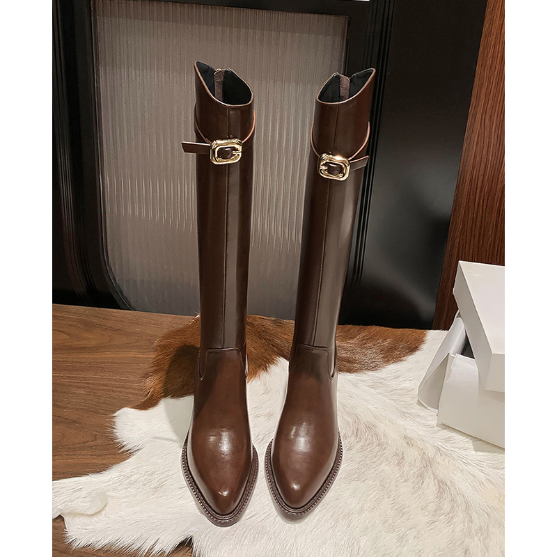 Two Shoes ~ Genuine Leather @ Brown Pointed Toe Long Boots Women's High-Heeled Boots Long Boots Chunky Heel Riding Boots