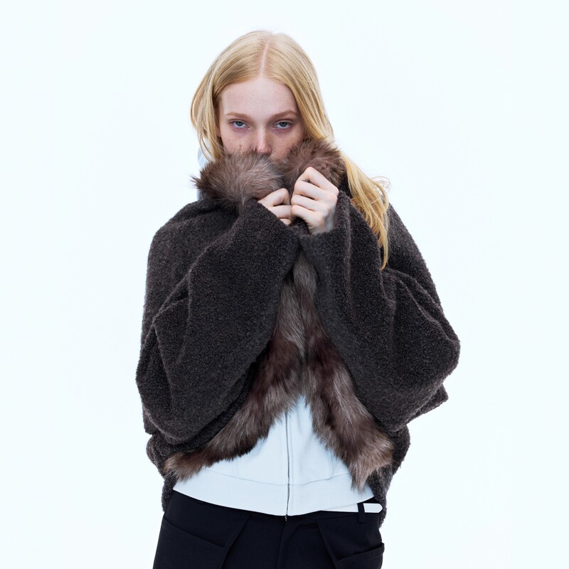 Runway Ticket Zhou Jieqiong's Same Style Batwing Sleeve Large Fur Collar Short Woolen Cardigan Thick Coat for Women