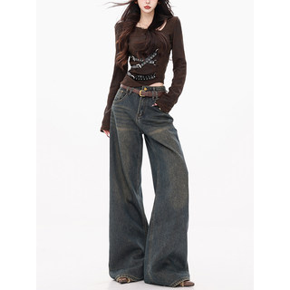 Abwear Snowy Night Visitor - Original American Style 2026 Early Spring Straight-Leg Jeans for Women, Loose Floor-Length Wide-Leg Pants
