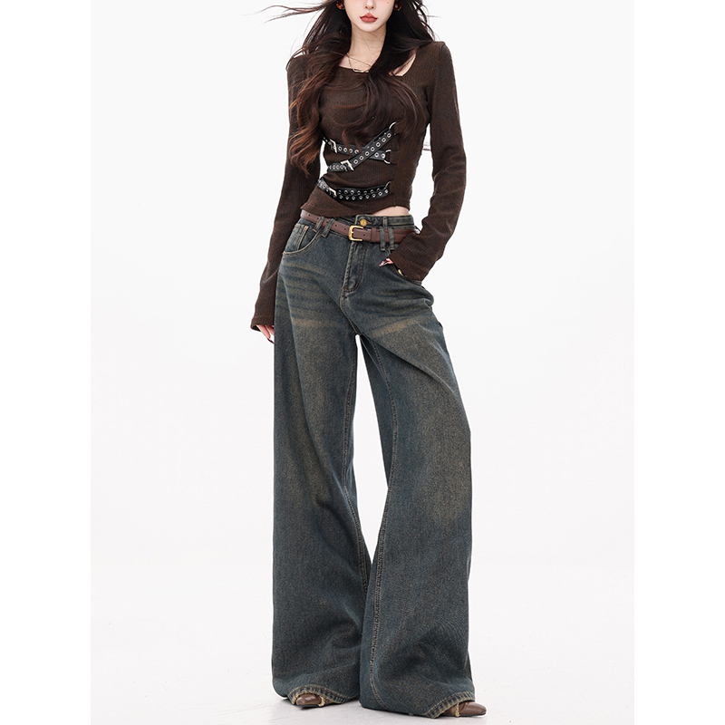 Abwear Snowy Night Visitor - Original American Style 2026 Autumn Straight-Leg Jeans for Women, Loose Floor-Length Wide-Leg Pants