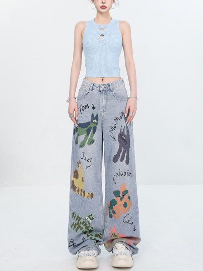 Abwear Quirky Player - Original Summer Graffiti Print Jeans for Women New Cartoon Wide-Leg Straight Pants