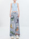 Abwear Quirky Player - Original Summer Graffiti Print Jeans for Women New Cartoon Wide-Leg Straight Pants