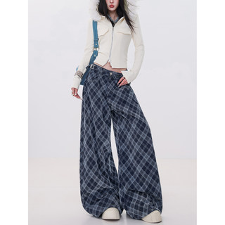 Abwlr British Style Leisure - Original American Plaid Woolen Adjustable Buckle Wide-Leg Jeans for Women, Loose Straight Pants