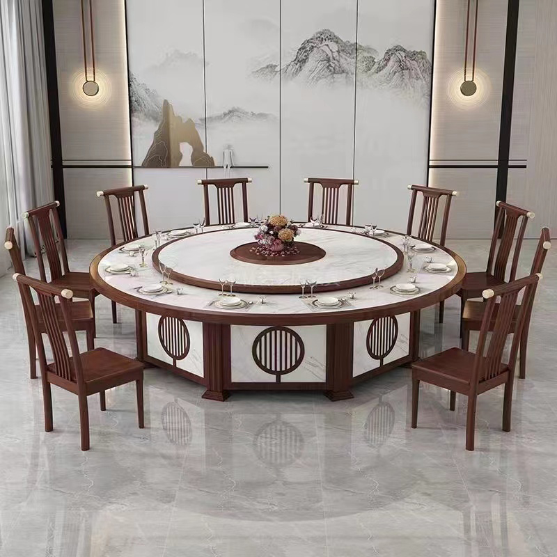 New Chinese-style hotel electric big round table club box 15 people 20 people solid wood marble with turntable restaurant dining table