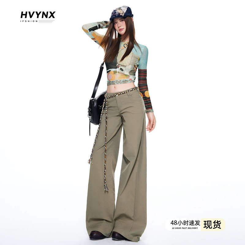 Khaki Low-Waist Casual Wide-Leg Pants for Women 2026 New American Retro Style with Studs, Loose Drape Straight-Leg Pants Khaki Low-Waist Casual Wide-Leg Pants for Women 2026 New American Retro Style with Studs, Loose Drape Straight-Leg Pants