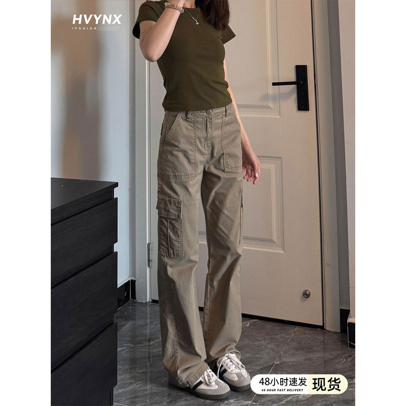 Retro Khaki Straight-Leg Cargo Pants for Women 2026 Spring and Summer New High-Waisted Slim-Fit Narrow Brown Wide-Leg Jeans