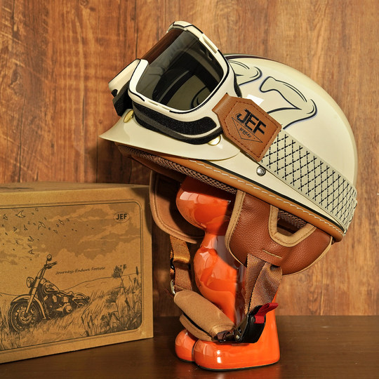 台湾JEF头盔复古半盔踏板摩托机车电动轻便瓢3C认证安全帽夏男女