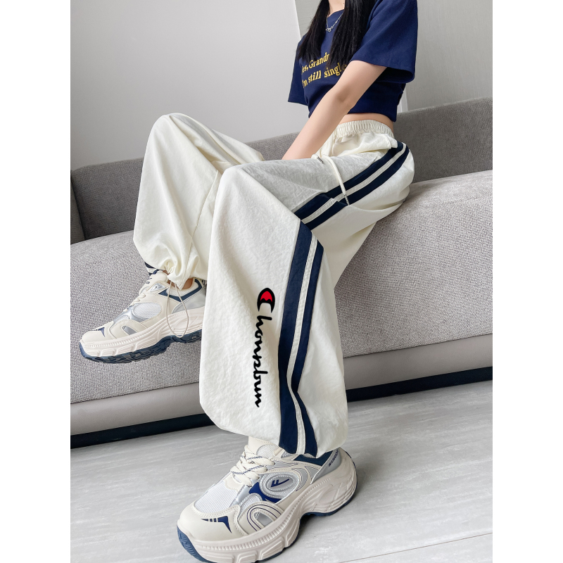 Jogging Champion American-Style Striped Quick-Dry Work Pants for Women, Summer Thin Loose Casual Wide-Leg Ice Silk Sun-Protection Sports Pants Jogging Champion American-Style Striped Quick-Dry Work Pants for Women, Summer Thin Loose Casual Wide-Leg Ice Silk Sun-Protection Sports Pants