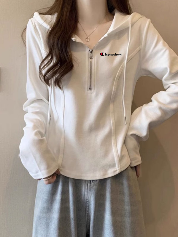 Champion Rainbow Short White Hoodie for Women Spring and Autumn 2026 New Slim Fit Base Shirt Sports Long Sleeve Top