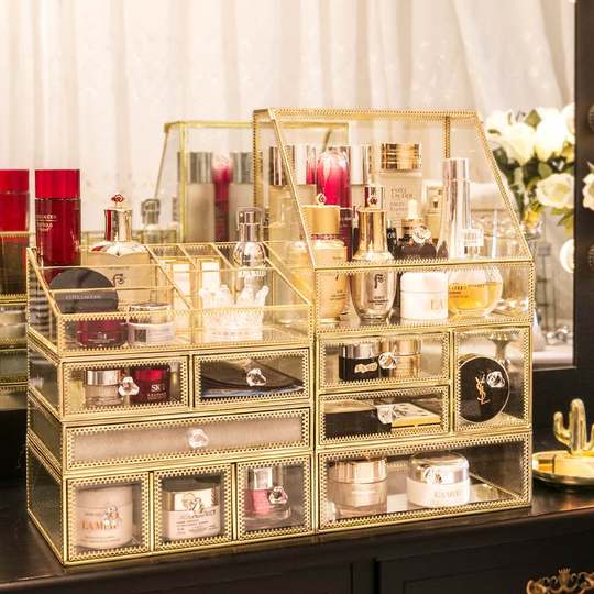 Internet-Famous Glass Cosmetics Storage Box for Lipstick and Jewelry, Home Desktop Vanity Large-Capacity Dust-Proof Organizer