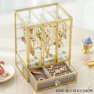 Vintage Glass Jewelry Storage Box Dustproof Style with Gold Edge for Organizing Earrings, Rings, and Jewelry Accessories