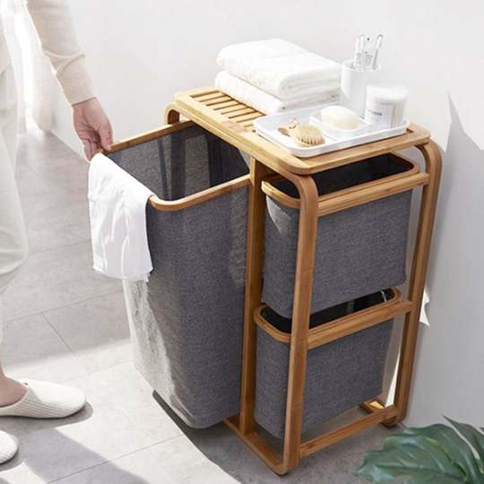 Bathroom Fabric Multifunctional Laundry Basket, Dirty Clothes Storage Bin, Large Bedroom Laundry Hamper, Bamboo Wood Storage Rack, Ins Style