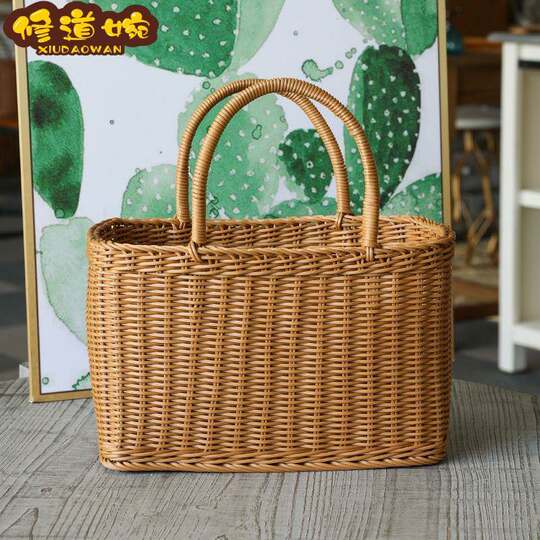 Floral Blue Woven Basket Bamboo Basket Storage Basket Picnic Basket ins Large Portable Rattan Shopping and Picking Basket