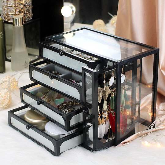 Internet Celebrity Glass Jewelry Storage Box Princess Earrings Ear Studs Rings Necklaces Desktop Drawer Watch Jewelry Display Stand