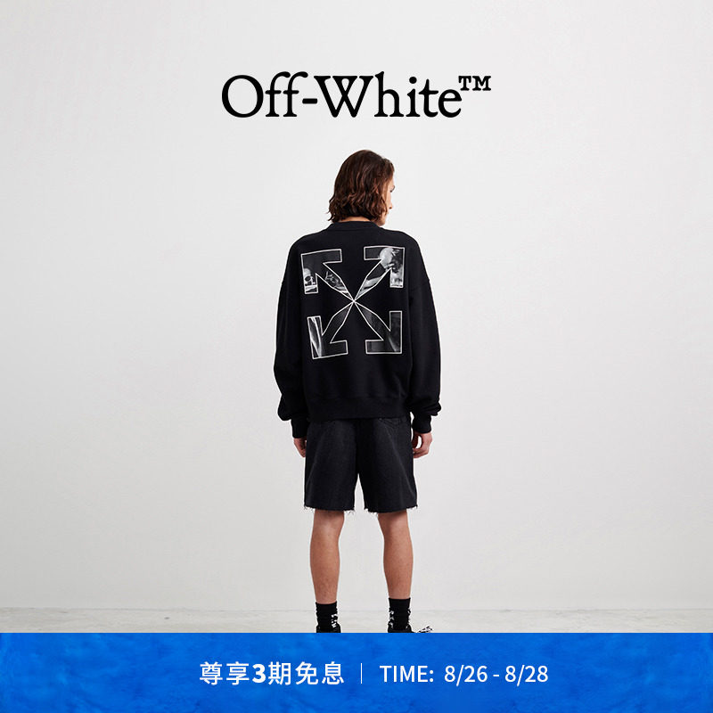 OFF-WHITE Men's Black Caravaggio Arrow Print Logo Long Sleeve Loose Crew Neck Thick Cotton T